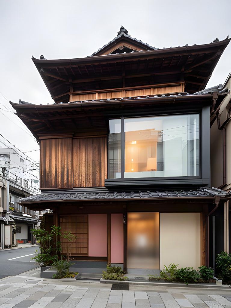 大阪の町並みに建つ木造建築と現代的なガラス開口を見上げた風景