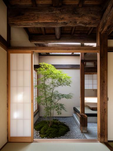 京都の京町家を再生した中庭付きの住まいと新しい木製建具