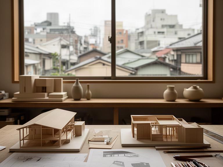 大阪の建築アトリエに並ぶ木製模型と図面、窓の外の街並み