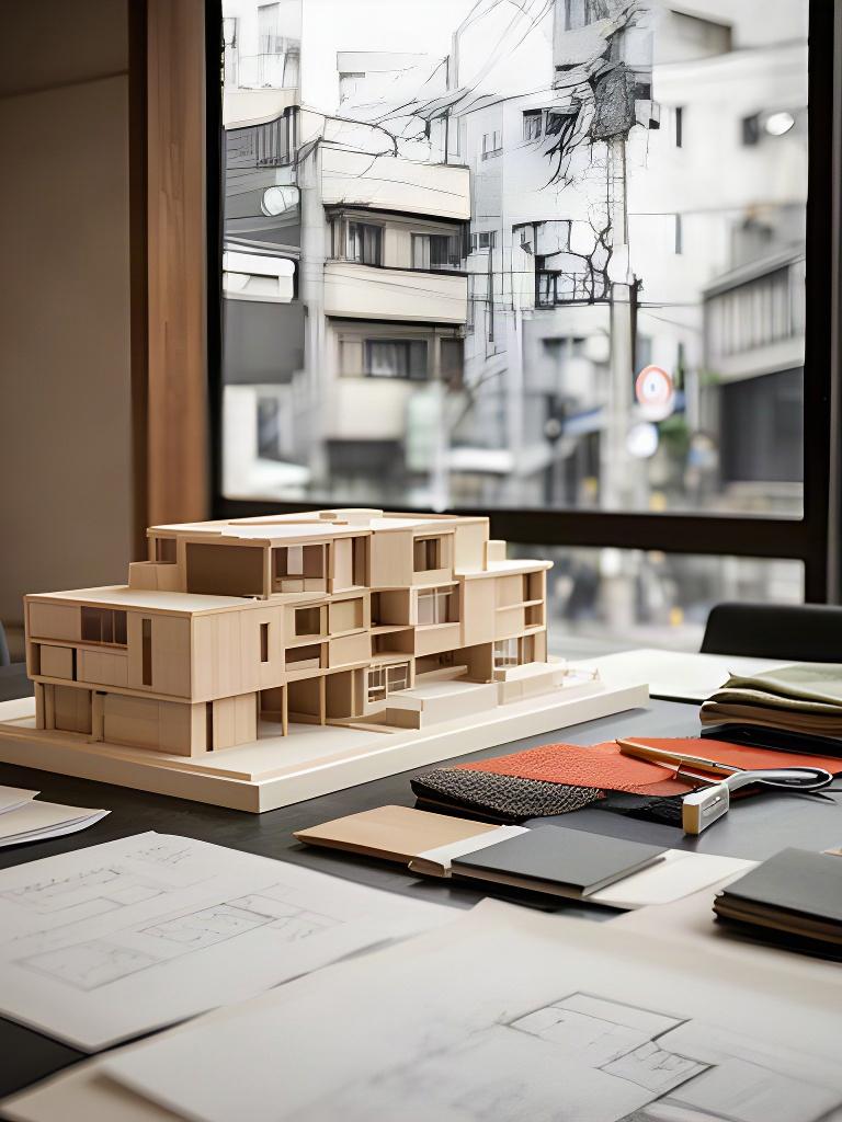 大阪の町並みに面した建築アトリエの打ち合わせ机と模型